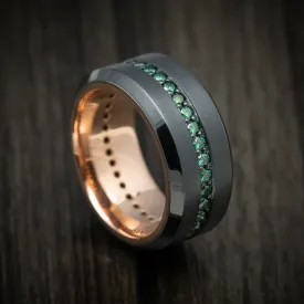 Black Titanium and Green Diamond Men's Ring with 14K Gold Sleeve Custom Made Band