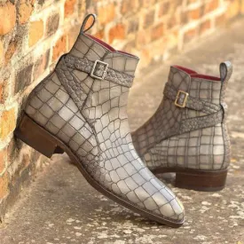 Buy Handmade Genuine Gray Crocodile Print Leather Monk Strap Drees Formal Boots for Men