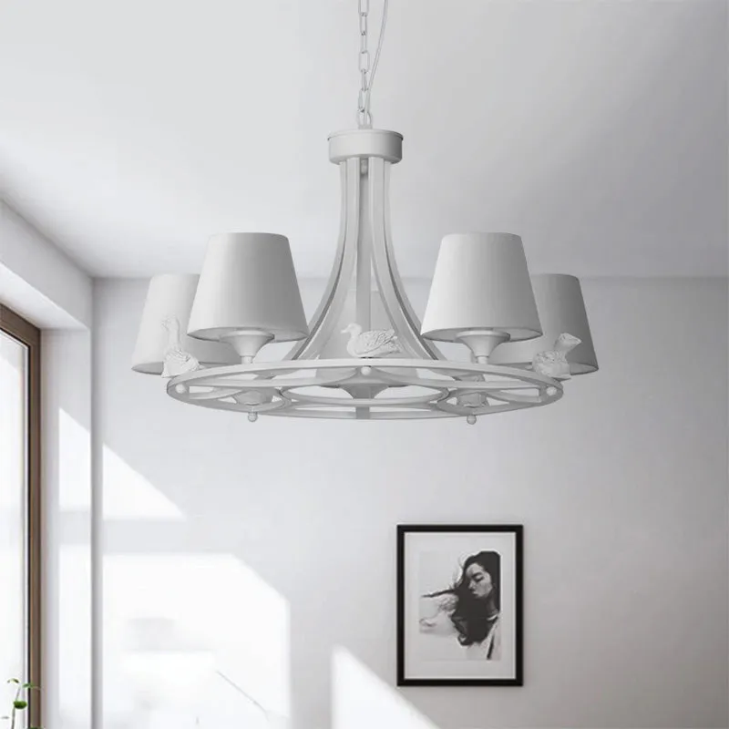 Contemporary 5-Light Chandelier: White Hanging Ceiling Lamp with Fabric Shade