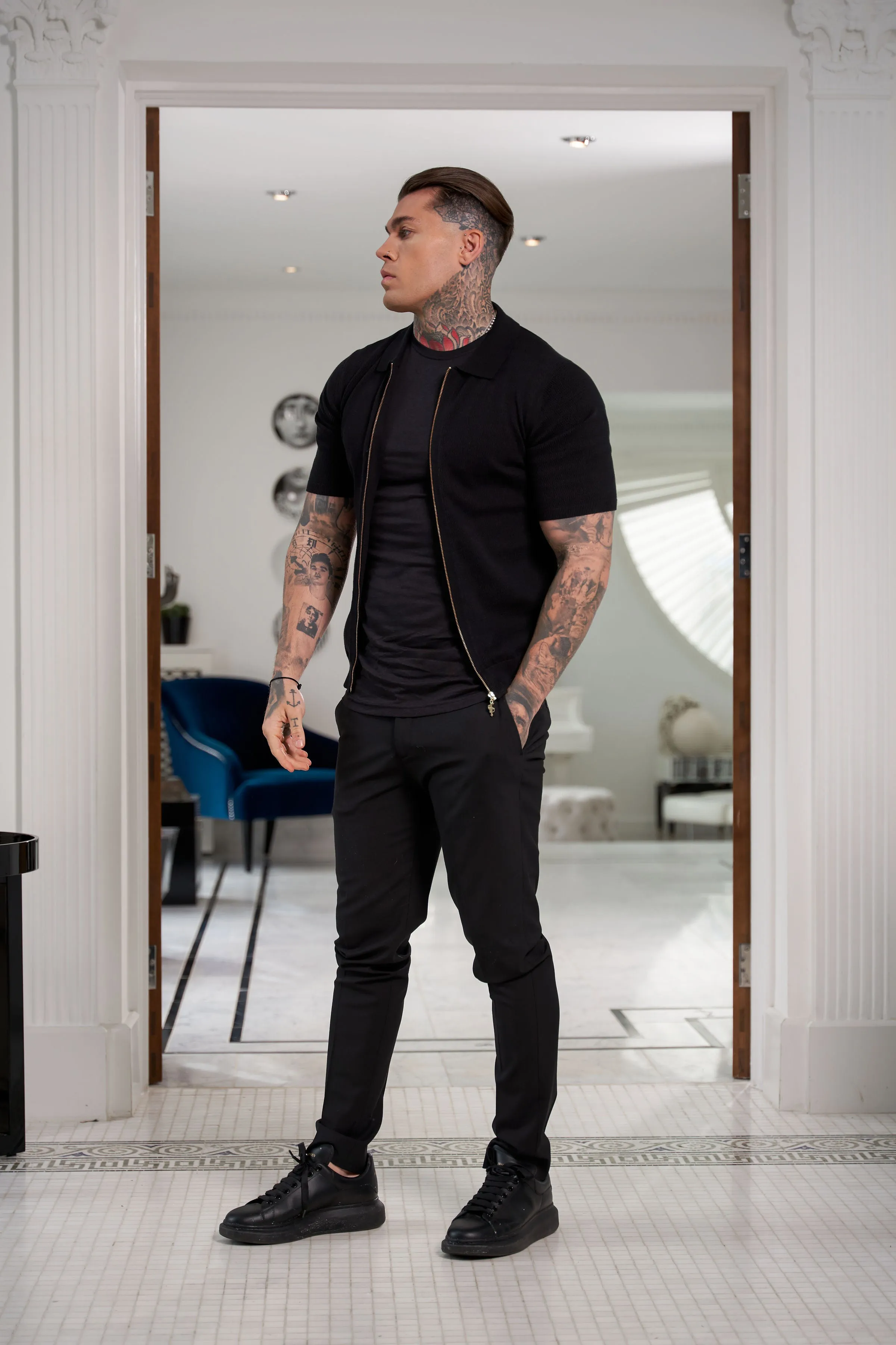 Father Sons Classic Knitted Textured Design With Full Length Zip Black Short Sleeve - FSN151