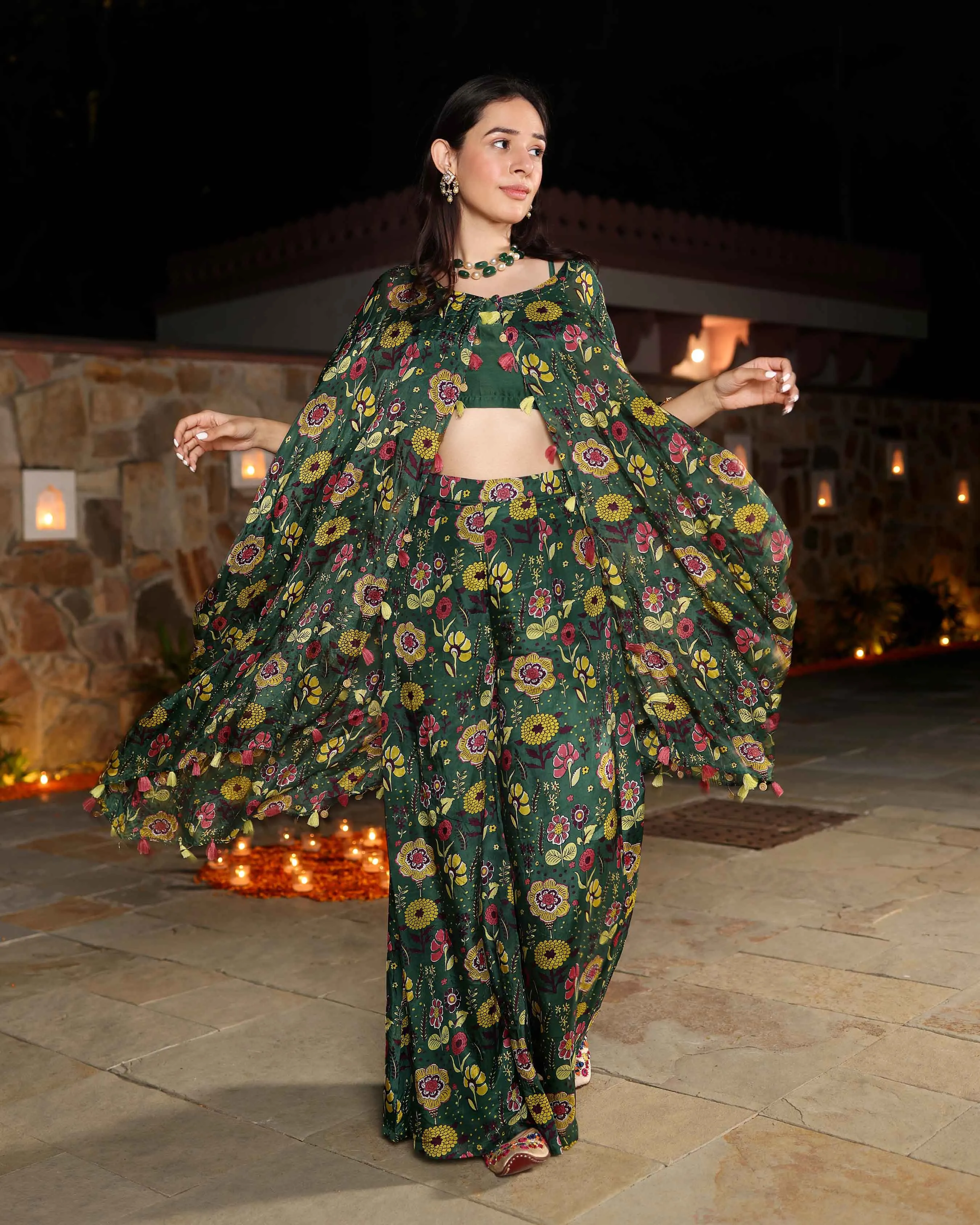 Jasvi Green Printed Silk Coord Set