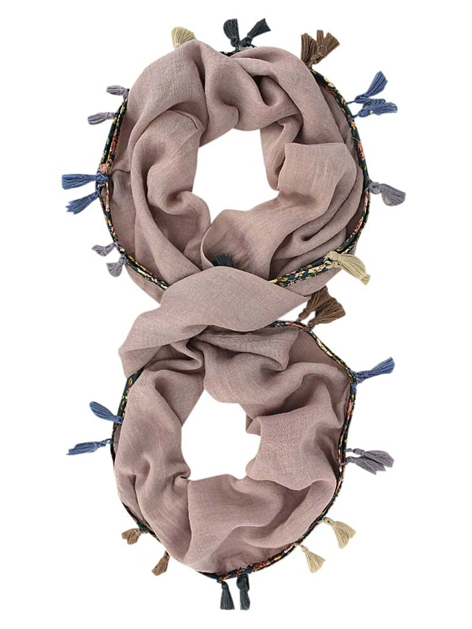 Jersey Knit Circle Scarf With Multicolor Tassels