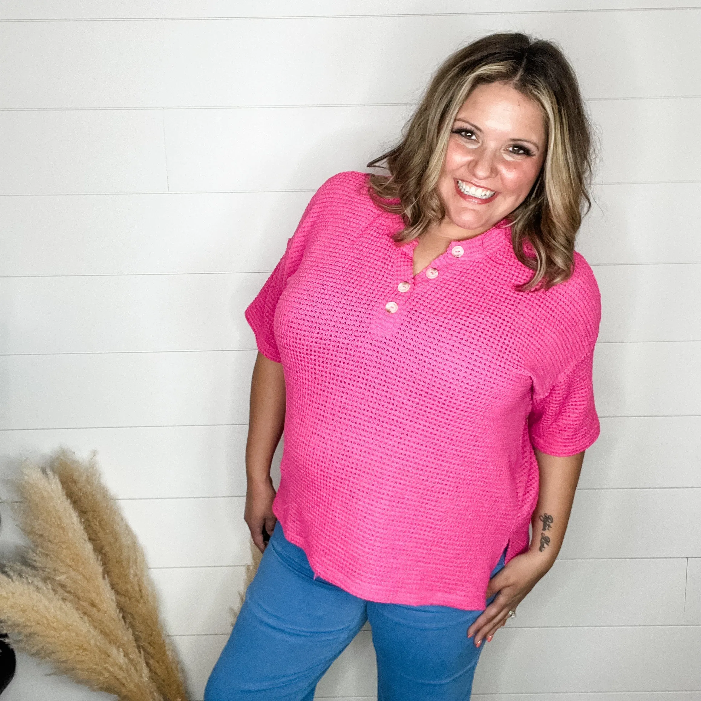 "Honey Bee" Short Sleeve Faux Button Detail Waffle Texture Tops (Hot Pink)
