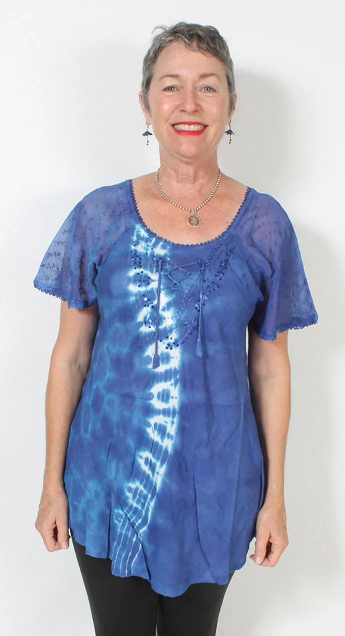 Woodstock Batik Cut on the Bias Blue s/slv Top Boho Hippie Chic Resort Wear Sml-2X 